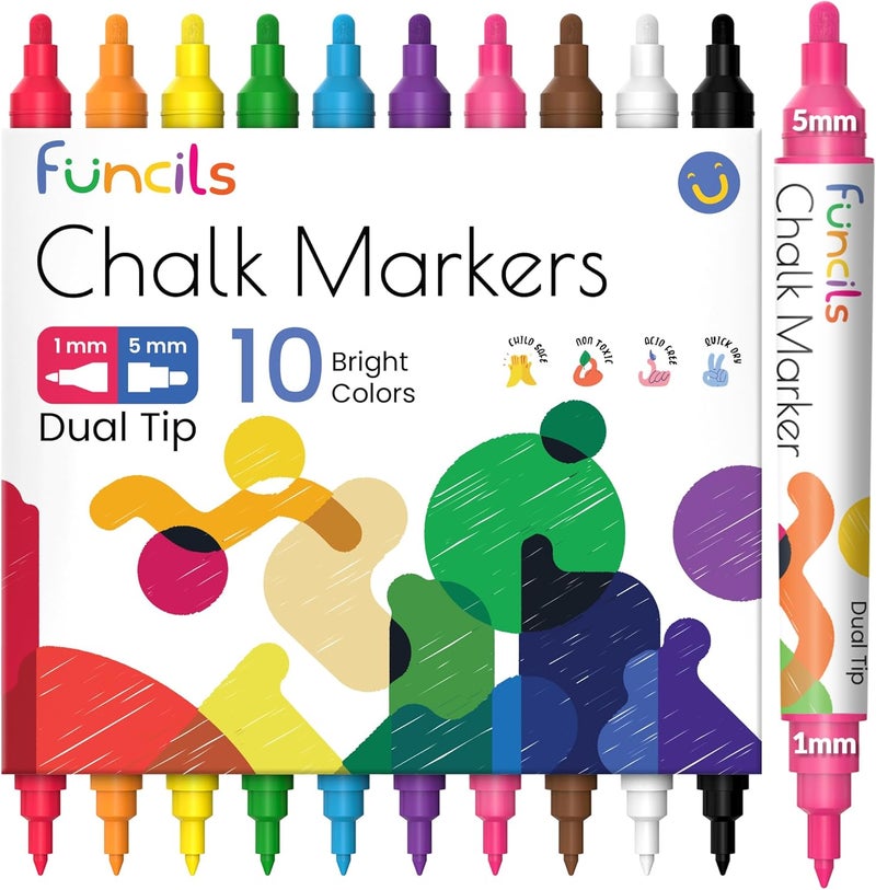 Funcils Dual Tip Liquid Chalk Markers for Blackboard (10 Pack, 1mm+5mm Fine, Bold) - Dry Erase Marker Pens for Chalkboards Signs, Car Windows, Glass, Mirrors - Erasable Chalkboard Markers - Image 1